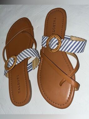 Talbots Striped Tan Leather Sandals Blue & White seersucker Gia 9 nautical